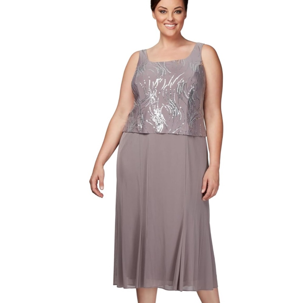Alex Evenings Taupe Tiered Sleeveless Ankle Length Gown Silver Sequins Sz 12